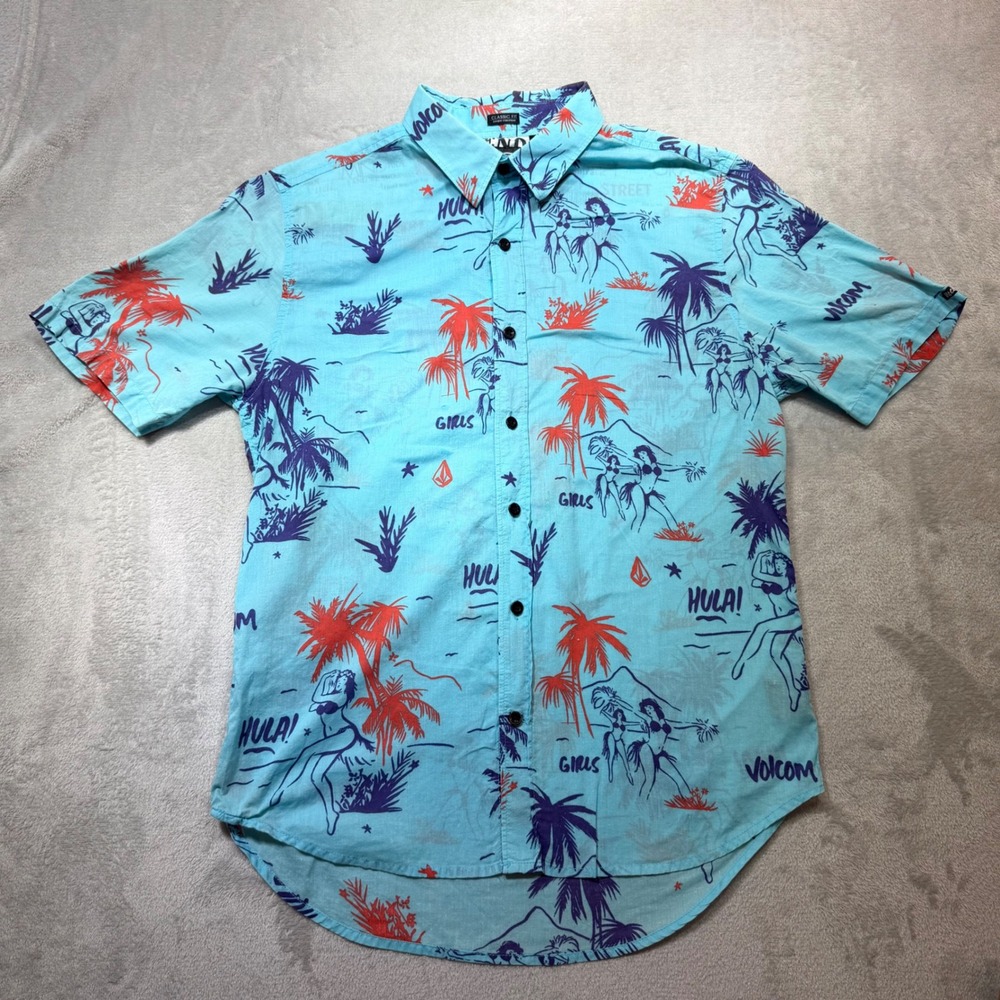 Volcom Mens Blue Hula Girl Tropical Print Short Sleeve Button Down Shirt Small‎